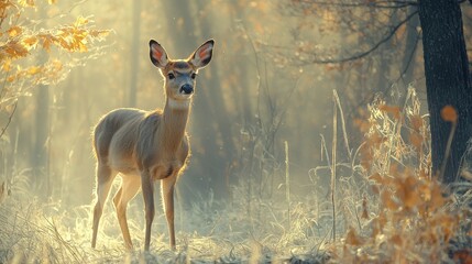 Graceful Deer in Misty Forest at Dawn