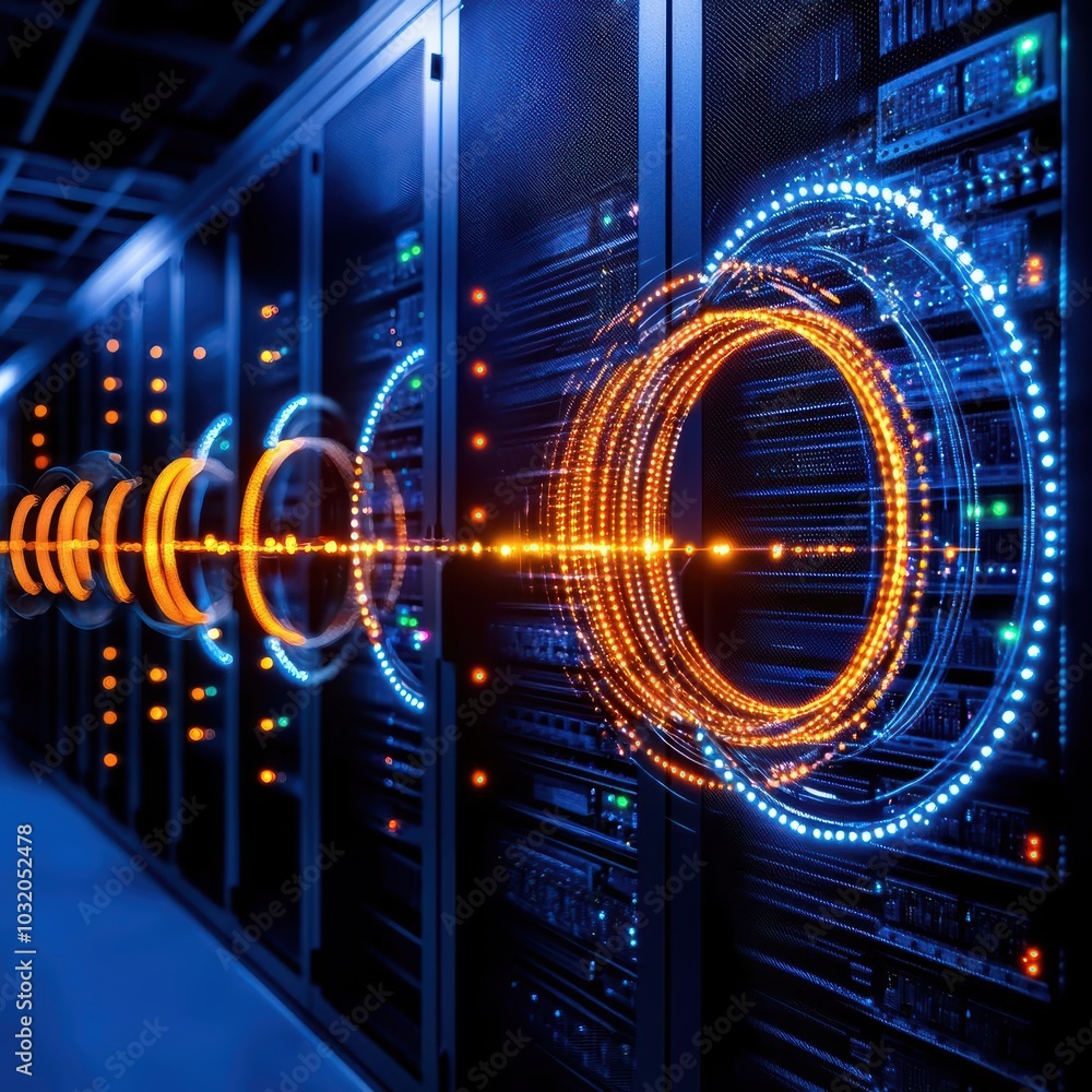 Poster futuristic data center with glowing server racks and vibrant light patterns, showcasing advanced tec