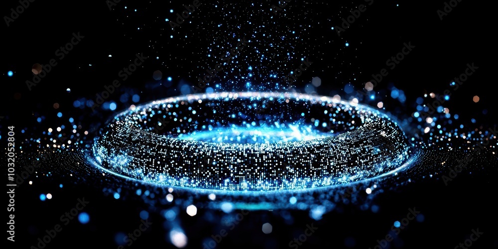 Poster glowing water droplets creating a mesmerizing splash effect against a dark background.
