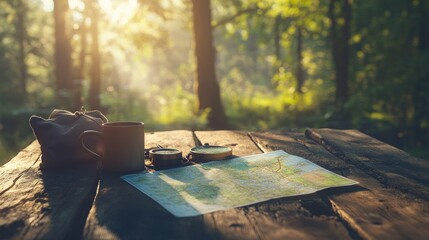 Rustic table with camping essentials. map, compass, coffee mug. Forest sunlight backdrop. Outdoor adventure. Nature