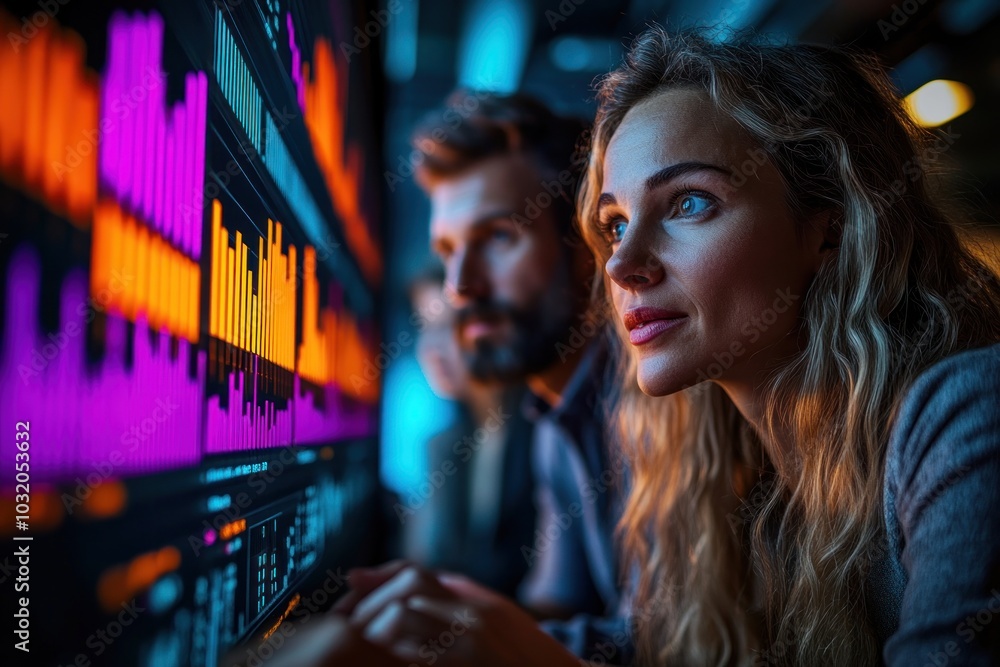 Aufkleber a team of business professionals analyze data on a large screen, focusing on charts and graphs to ga