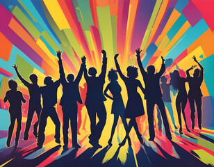 colorful Happy party people silhouettes with cool isolated pop art style background