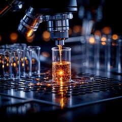 Microscope pouring liquid into a glass tube, with illuminated workspace, dramatic lighting and reflections.