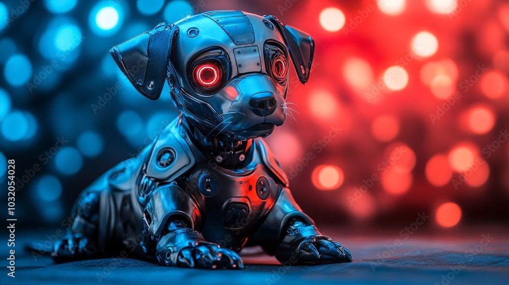 Poster Futuristic robotic dog with shiny metallic surface and glowing eyes sitting on a bright colorful background Stock Photo with side copy space