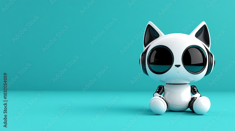 Poster cute robotic cat with sleek silver body and expressive digital face posing on a vibrant background s