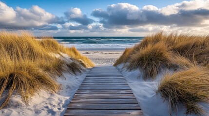 Charming wooden pathway leading to sandy beach, sense of tranquility and coastal escape. Nature