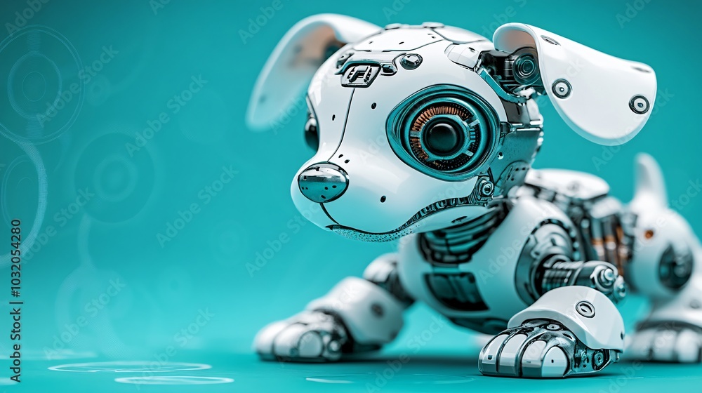 Poster Robot puppy with mechanical limbs and wagging tail standing proudly on a fun bright backdrop Stock Photo with side copy space