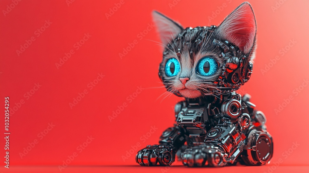 Poster adorable robotic kitten with shiny chrome features and led eyes looking playful on a bold surface st