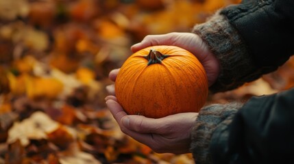 Close-Up of Hands Holding a Pumpkin in Autumn Setting