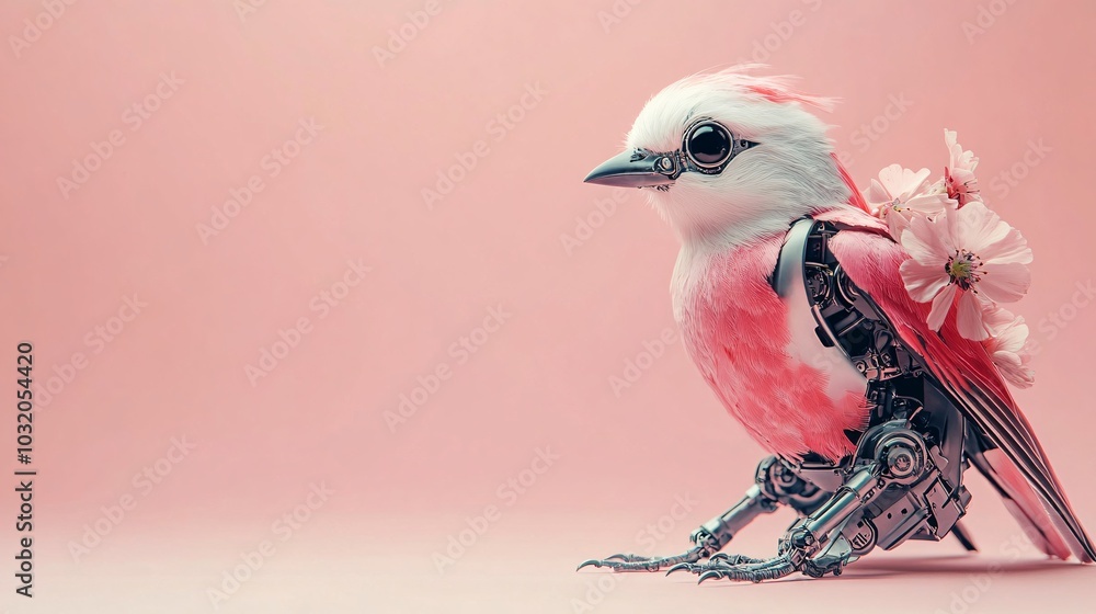 Poster robotic bird with metallic feathers and mechanical wings sitting cutely on a pastel background stock