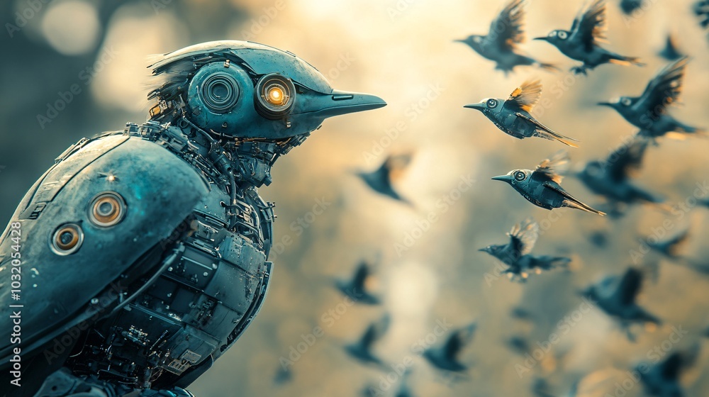 Poster robotic bird with metallic feathers and mechanical wings sitting cutely on a pastel background stock