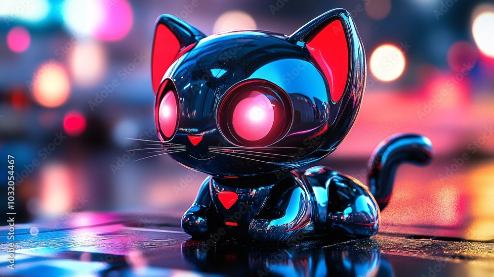 Poster adorable robotic kitten with shiny chrome features and led eyes looking playful on a bold surface st
