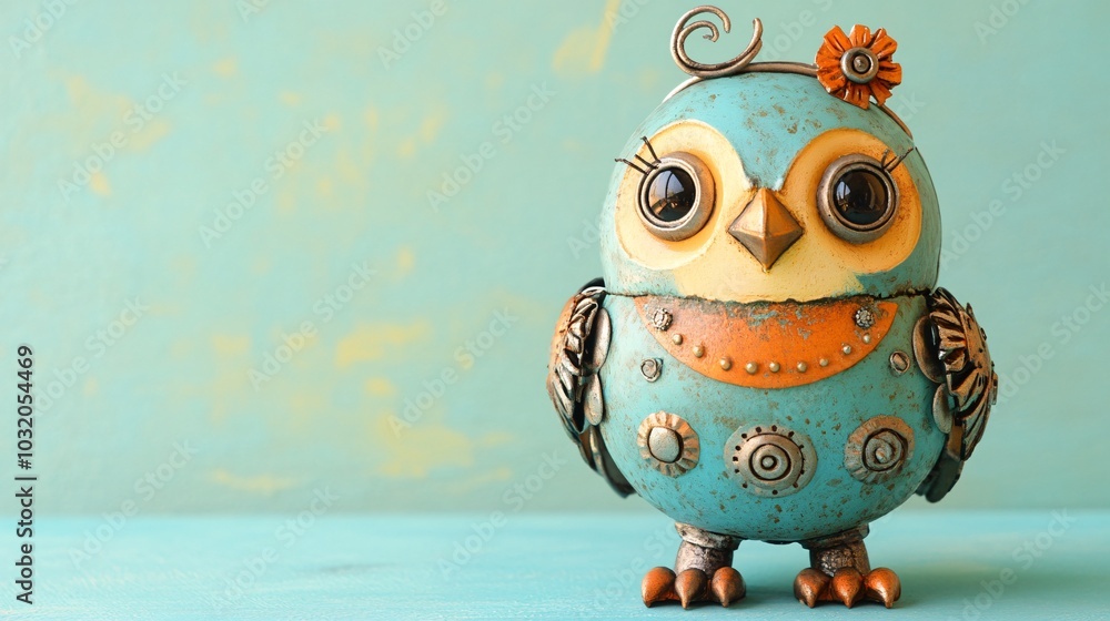 Poster robotic bird with metallic feathers and mechanical wings sitting cutely on a pastel background stock