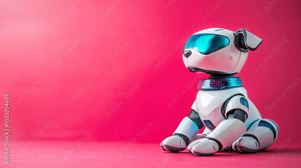 Poster futuristic pet robot dog with a sleek body and digital display collar sitting confidently on a vibra
