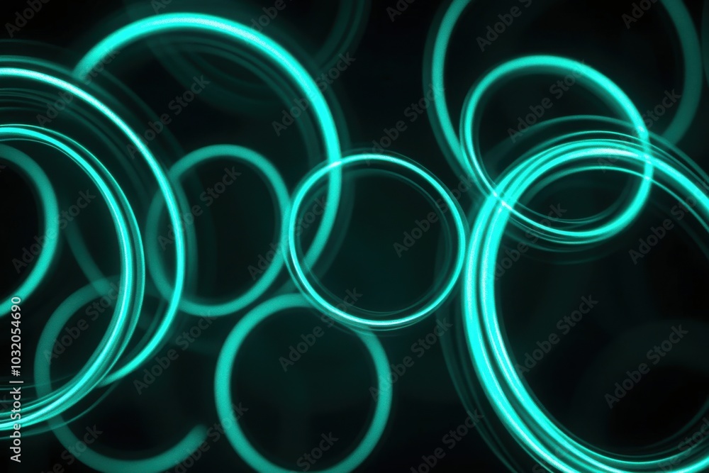 Poster vibrant emerald glow circles on dark canvas, dynamic wave interaction overlay in continuous motion f