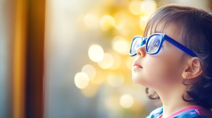Young child wearing blue glasses focusing on distant tree outside window, symbolizing myopia prevention and importance of outdoor activities.