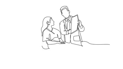 Animated self drawing of continuous line draw helpful male doctor talking about medical report to laying female patient in bed. Hospital health care services concept. Full length single line animation