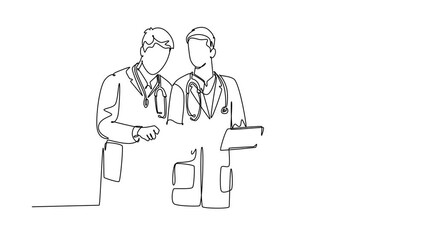 Animated self drawing of continuous line draw of senior doctor giving mentoring to young male and female doctors at hospital office room. Hospital health care services. Full length one line animation