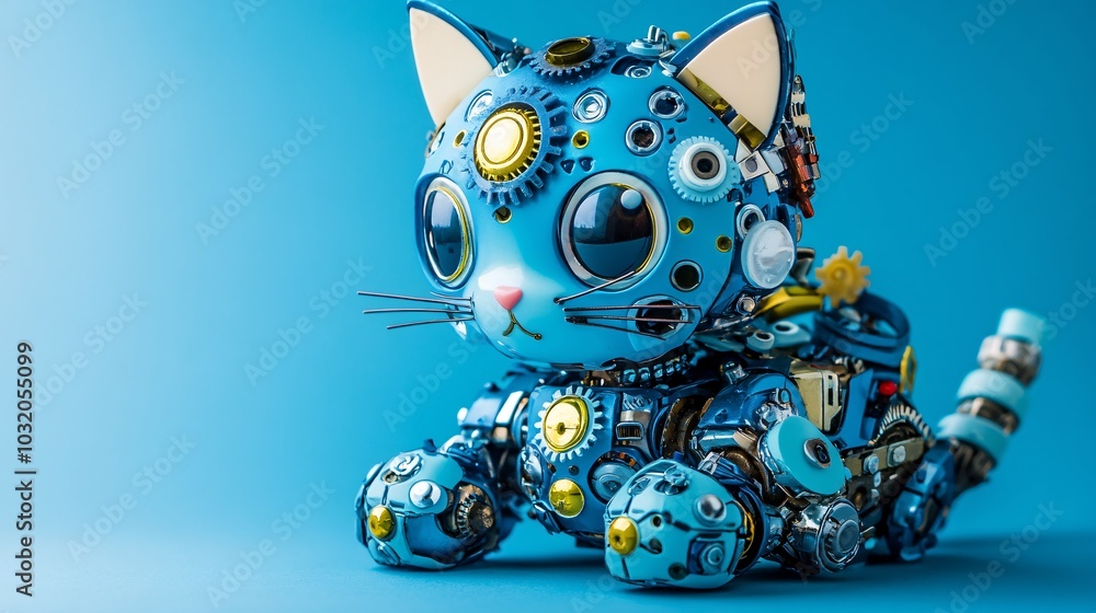 Poster robotic cat with smooth metal body and digital whiskers sitting playfully on a bright background sto