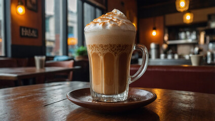Foamy glass of halal teh tarik, served hot with visible steam rising, placed on a wooden table in a cozy caf&eacute; setting.