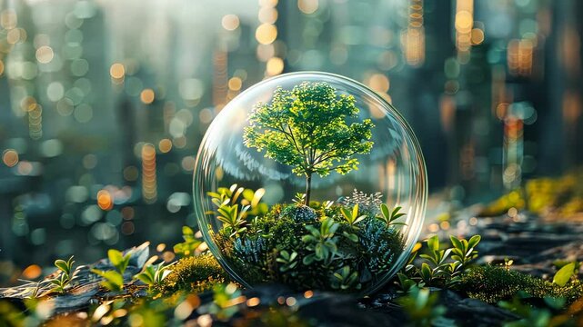 Tree encased in a glass orb in nature, serene atmosphere. Environmental conservation and protection concept.