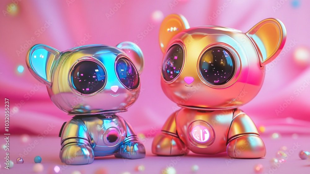 Poster cute robot puppy with chrome finish and interactive digital face looking up from a pastel backdrop s