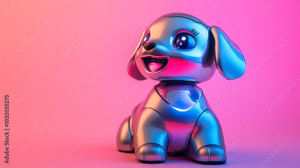 Aufkleber cute robot puppy with chrome finish and interactive digital face looking up from a pastel backdrop s
