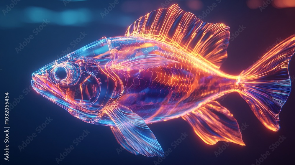 Poster futuristic robotic fish with glowing scales and smooth movements swimming gracefully against a vibra