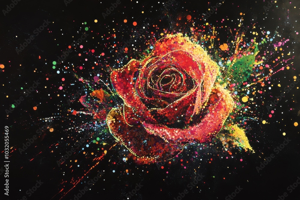 Poster a splash of vibrant paint splotches creating the shape of a thriving blossom on a deep background