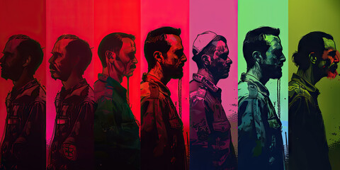 A lineup of mugshots, each in a different hue, reflecting their involvement in criminal activities.