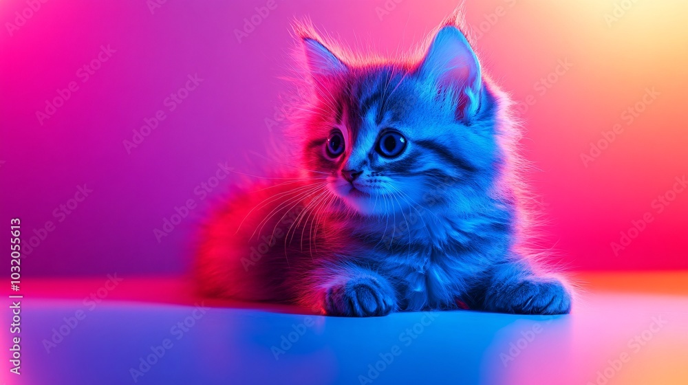 Aufkleber Robotic kitten with metallic paws and soft glowing eyes curiously sitting on a colorful backdrop Stock Photo with side copy space