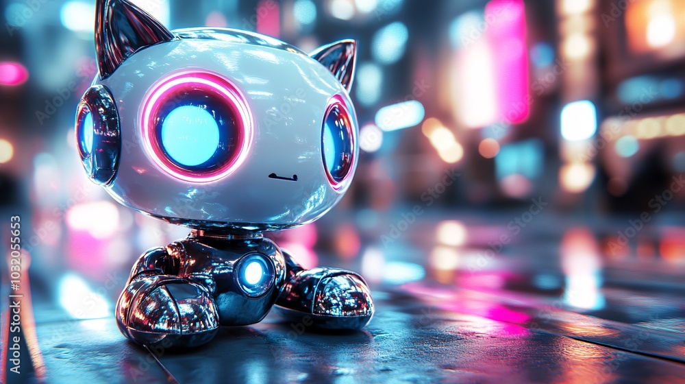 Aufkleber Robotic kitten with metallic paws and soft glowing eyes curiously sitting on a colorful backdrop Stock Photo with side copy space