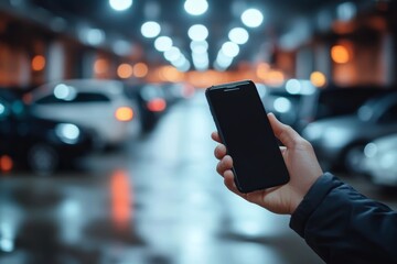 Hand of man hold mobile phone over blurred car parking with bokeh light Background, Generative AI
