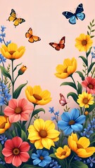 Obraz premium Butterflies and Blooms in a Vibrant Floral Design with Bright Colors on a Soft Pink Background