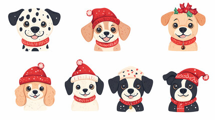 Naklejka premium Vector set of cute and smiling dog doodles. Dog faces with flat colors, bows, christmas hats, scarfs, dalmatian, pug, poodle, and beagle on white background. Sticker, comic, and print design.