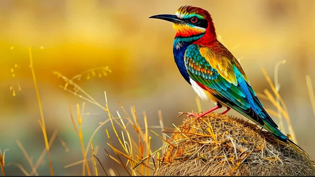 Colorful bee-eater perched on grass mound in golden sunlight, vibrant wildlife portrait. Nature and birdwatching concept.