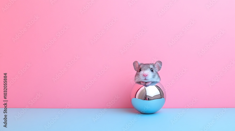 Poster adorable robotic hamster with smooth chrome body and tiny led eyes standing cutely on a pastel surfa