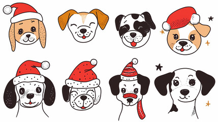 Obraz premium Vector set of cute and smiling dog doodles. Dog faces with flat colors, bows, christmas hats, scarfs, dalmatian, pug, poodle, and beagle on white background. Sticker, comic, and print design.