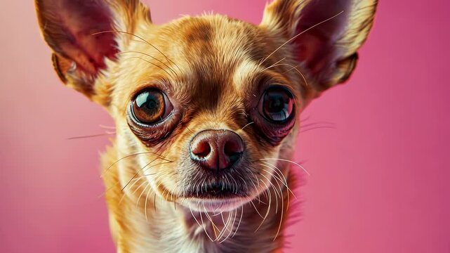 Close-up portrait of a chihuahua with pink background, expressive eyes concept.