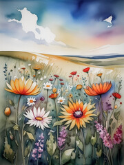 colorful abstract flowers watercolor, watercolor background, floral pattern for wallpaper , wall decoration