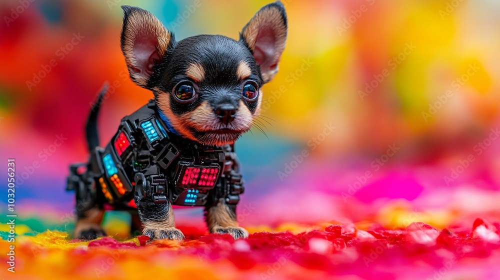 Aufkleber Robot puppy with futuristic design and wagging digital tail standing excitedly on a fun colorful backdrop Stock Photo with side copy space