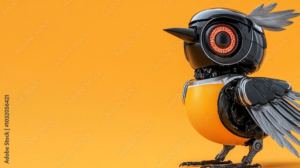 Poster futuristic robotic bird with chrome wings and glowing eyes perched delicately on a vibrant backgroun