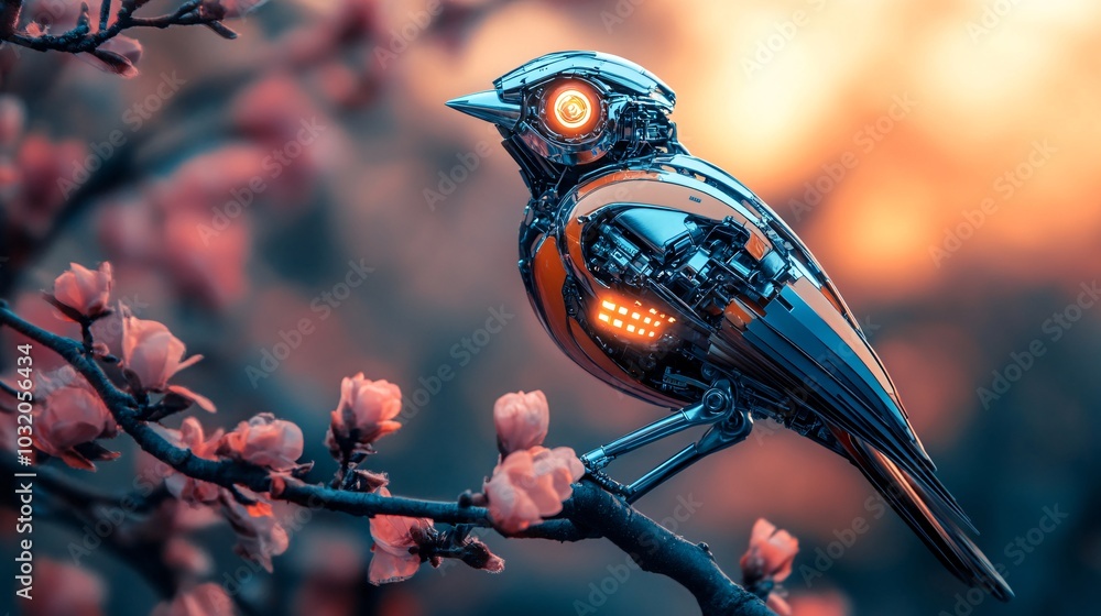 Poster futuristic robotic bird with chrome wings and glowing eyes perched delicately on a vibrant backgroun