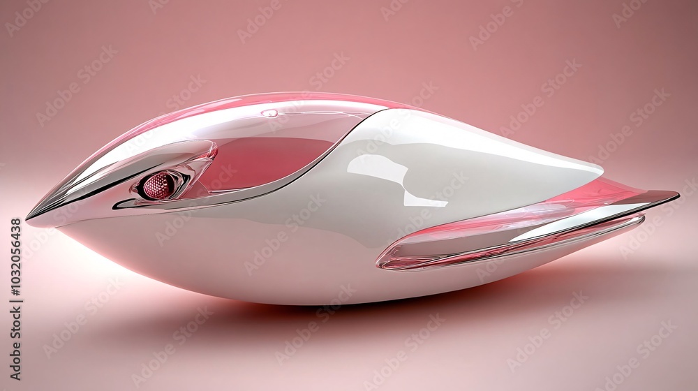Poster futuristic robotic bird with chrome wings and glowing eyes perched delicately on a vibrant backgroun