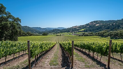 Naklejka premium Expansive Vineyard Under Clear Blue Sky