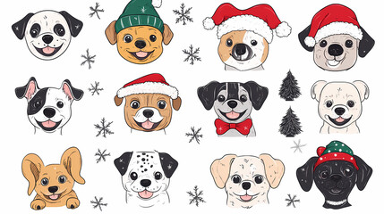 Vector set of cute and smiling dog doodles. Dog faces with flat colors, bows, christmas hats, scarfs, dalmatian, pug, poodle, and beagle on white background. Sticker, comic, and print design.