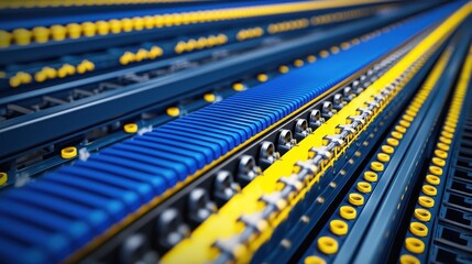 Close-up view of a conveyor belt system with blue and yellow components on an industrial setup.