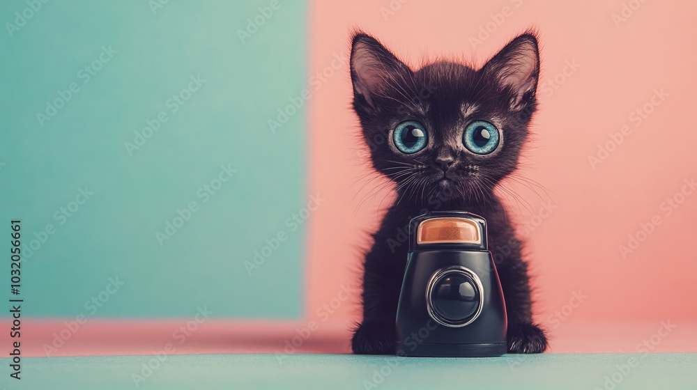 Poster playful robotic kitten with smooth metal body and digital whiskers sitting confidently on a pastel s