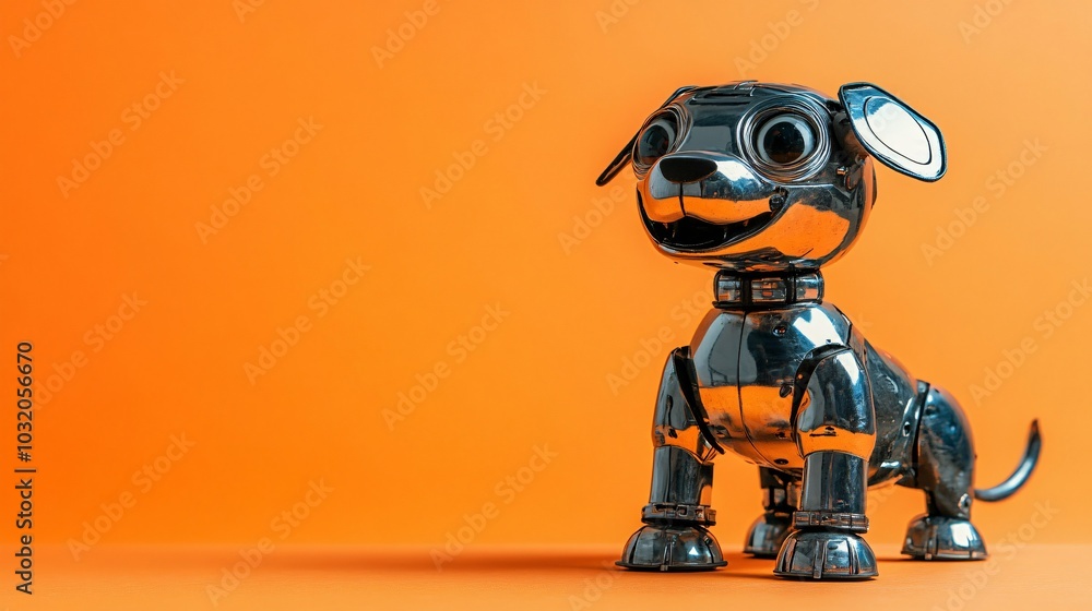 Aufkleber Futuristic robot dog with sleek chrome design and wagging tail looking excitedly from a bold background Stock Photo with side copy space