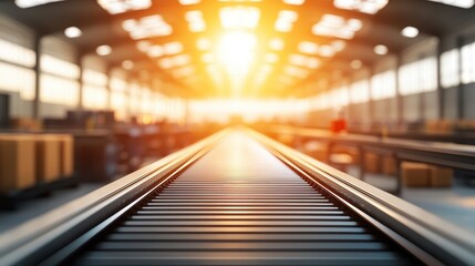 Obraz premium Conveyor belt in a factory with warm sunlight streaming through windows, creating an industrial atmosphere.